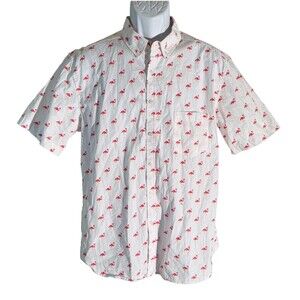 PUBLIC ART Men's Short Sleeve Button Down Flamingo Shirt‎ White Large